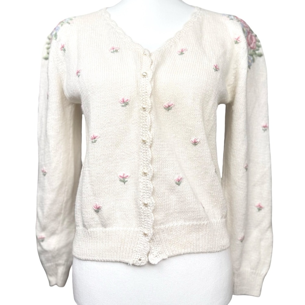 Floral Embroidered Cottagecore Cardigan Pearl Button Granny Knit Sweater M